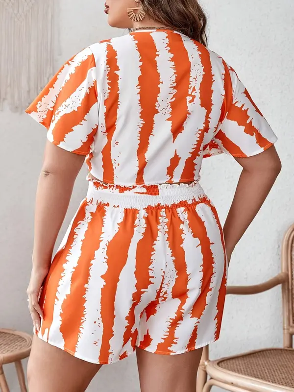 【Plus Size】Two-Piece Set Striped Print Knot Front Blouse & Paper Bag Waist Shorts Set, Casual Relaxed Short Sleeve Top & High Waist Shorts for Daily Wear, Women's Outfits for All Seasons 1