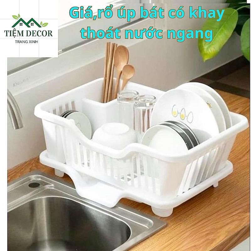 Giá úp bát đĩa có khay hứng nước nhựa abs tiện ích Nhà bếp Giá đựng đĩa Rổ Treo Tường khayup batdia úp bát đĩa