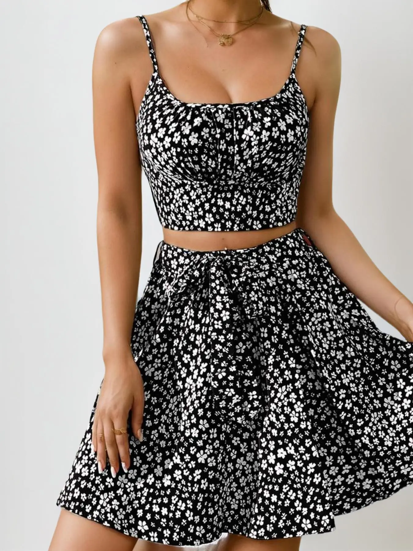 Women's Ditsy Floral Print Skirt Set, Boho Shirred Crop Cami Top & Belted Short Skirt for Beach Holiday Vacation Party,  Co Ords for Women,  Ladies Summer Clothes