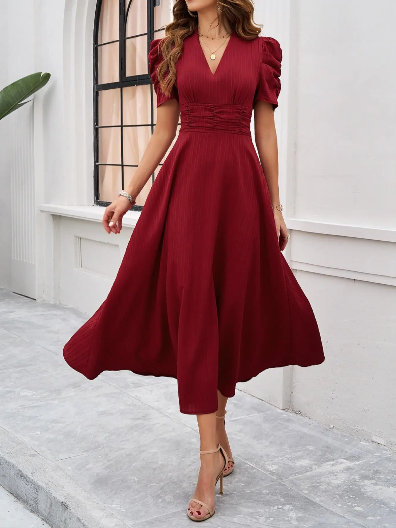 Women's Plain Ruched Puff Sleeve V Neck A Line Dress, Elegant Short Sleeve Long Dress for Party Holiday Wedding Guest, Ladies Summer Clothes