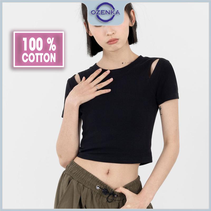 Áo croptop tay ngắn cổ tròn xẻ vai ôm cotton nữ Ozenka , áo crt đẹp sang chảnh basic mặc đi học đi chơi Women Kem