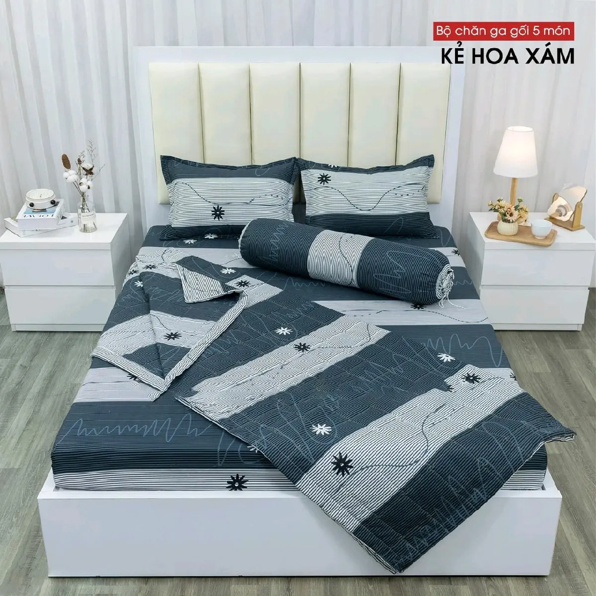 BỘ 5 MÓN CHĂN/ MỀN,  GA CHUN VÀ VỎ GỐI - CHẤT LIỆU COTTON POLY - MẪU KẺ / SỌC