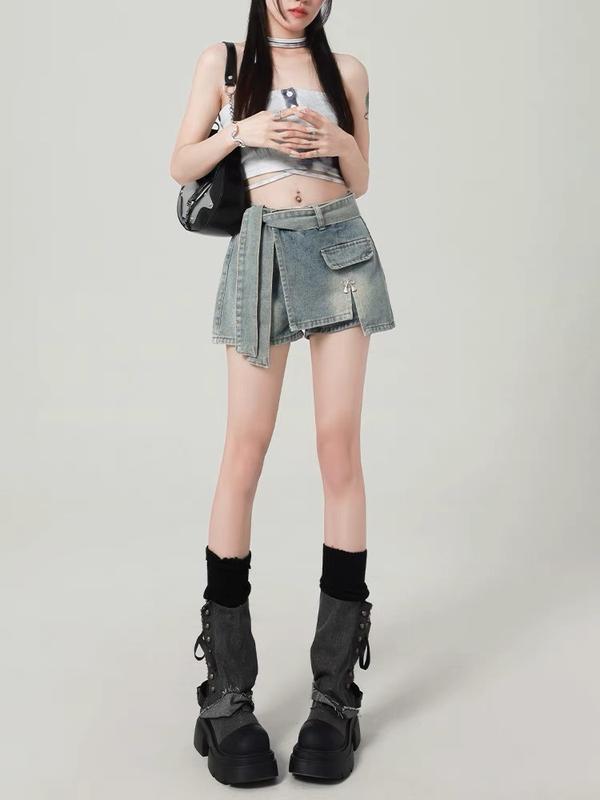 Chân váy jean, quần giả váy cạp cao ,túi đính nơ hàng đẹp nha [CV162]