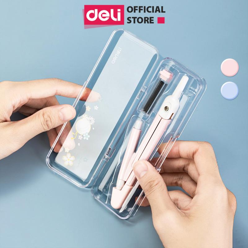 Bộ Compa Bấm Chì 2B Học Sinh Màu Pastel Xinh Xắn Deli - Kèm Lõi Chì Vẽ Tranh Hình Học Kỹ Thuật Mỹ Thuật Dụng Cụ Học Tập Tiện lợi