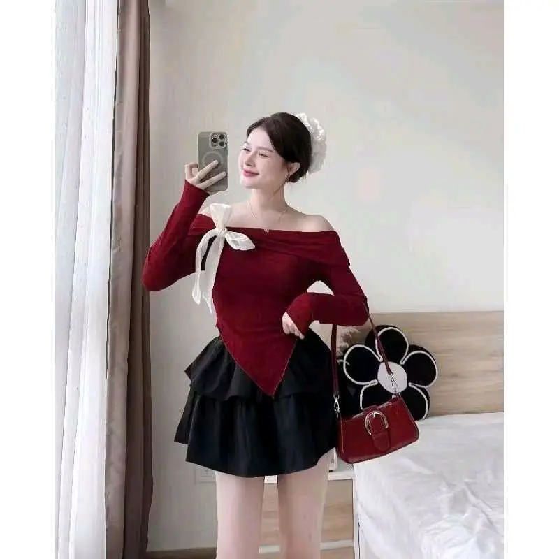 Áo kiểu trễ vai tay dài vạt nhóm buộc nơ đáng ôm body thời trang sang chảnh A028