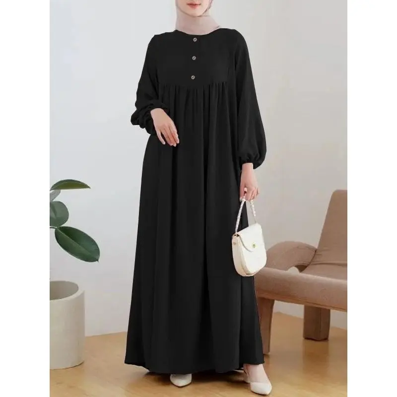 Muslim Women's Robe Fashionable Casual Puff Sleeve Simple Loose Solid Color Dress 2024 New Arrival