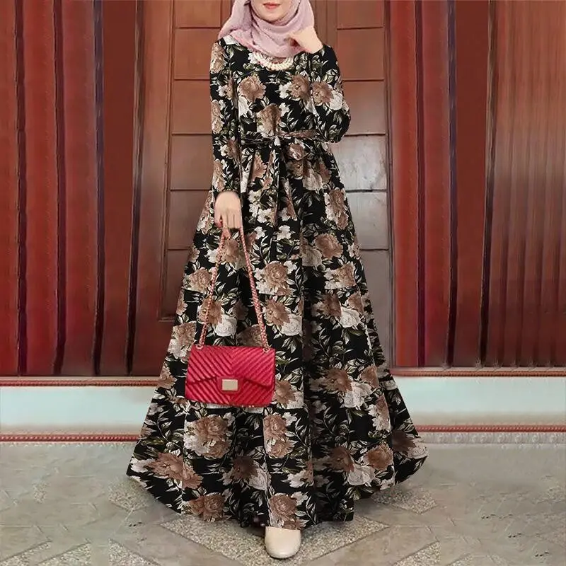 New Muslim round Neck Pullover Floral Pattern Lace-up Large Swing Temperament Commute Dress