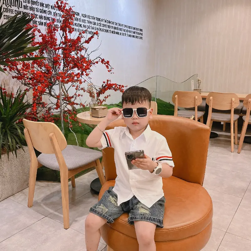 Set áo sơ mi + quần bò jean xước cho bé trai Polo Có Cổ 6