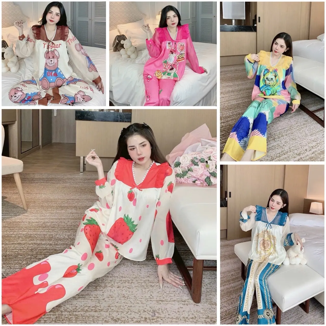 ) Đồ ngủ, đồ bộ pijama tay dài lụa xước dưới  62kg nhiều mẫu