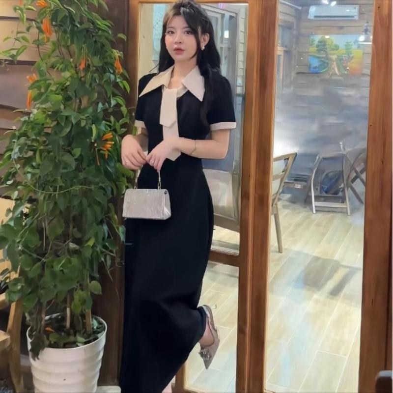 Váy thiết kế cổ đức phối cà vạt Rosy V52 dáng dài phù hợp đi làm, đi tiệc sự kiện Nữ Dress Màu Đen Women