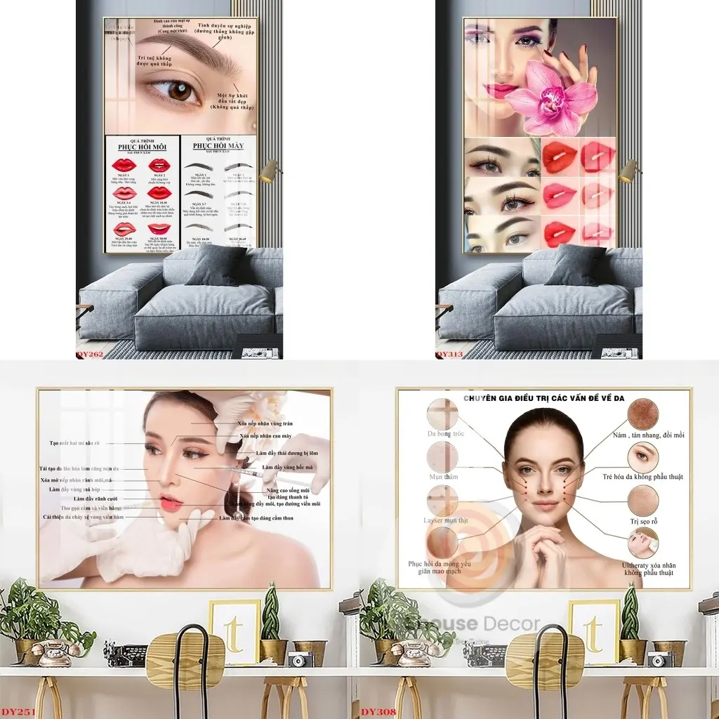 Tranh Treo Tường Tráng Gương Khung Nhôm Hệ Cao  CấpTranh SPA - Thẩm Mỹ, Trang Trí Tiệm cửa hàng phun xăm chân mày và môi Phòng Khách Đồng