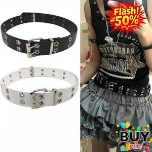 เข็มขัดเจาะรู, สำหรับผู้หญิง, เข็มขัดหนังแท้, กว้าง 3.2 ซม., สไตล์พังก์, เข็มขัดคาดเอวหัวเข็มขัดแบบกอธิค Y2K, รูดาวแถวคู่สำหรับกางเกงยีนส์, ชุด, และกระโปรง, สีดำและสีขาว