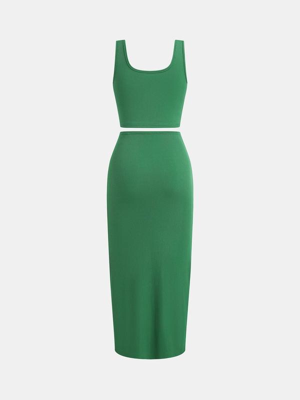YOZY Solid Ribbed Crop Tank Top & Twist Split Skirt Set, Elegant Square Neck Sleeveless Top & High Waist Bodycon Skirt, 2024 Women's Summer Outfits for Party, Holiday, Vacation 1