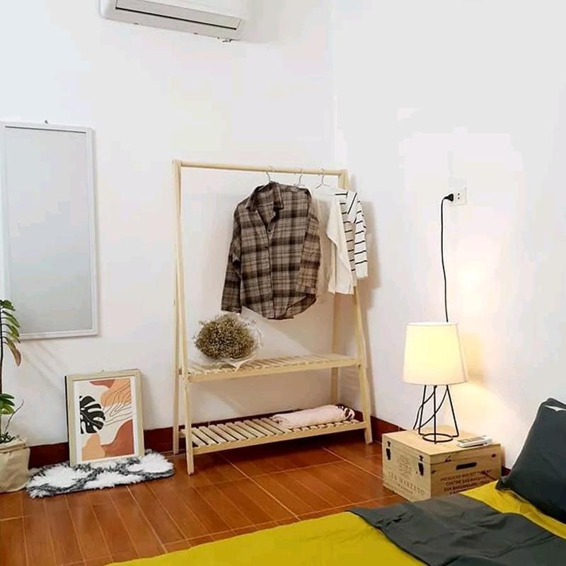  Kệ treo quần áo gỗ thông có 1 hoặc 2 tầng nan dày chân liền không nối cây treo tròn lỗ âm thẩm mỹ 