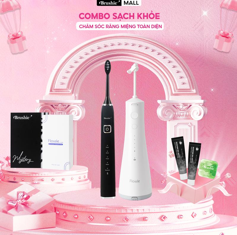   SIÊU SALE  Combo bàn chải điện Brushie Ultra chính hãng tích hợp đầu rửa mặt và tăm nước Flossie đầu phun 2 chiều hỗ trợ làm sạch hiệu quả và tiết kiệm chi phí  - TẶNG 2 kem đánh răng + kẹo thơm miệng Nữ 