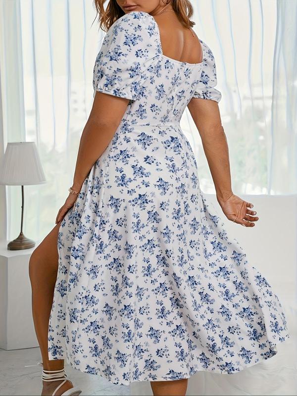 【Plus Size】 Ditsy Floral Print Tie Front Split Thigh Dress, Boho Fashion Casual Short Sleeve Dress for Daily Holiday Vacation Wear, Women Plus Clothing for Summer 1