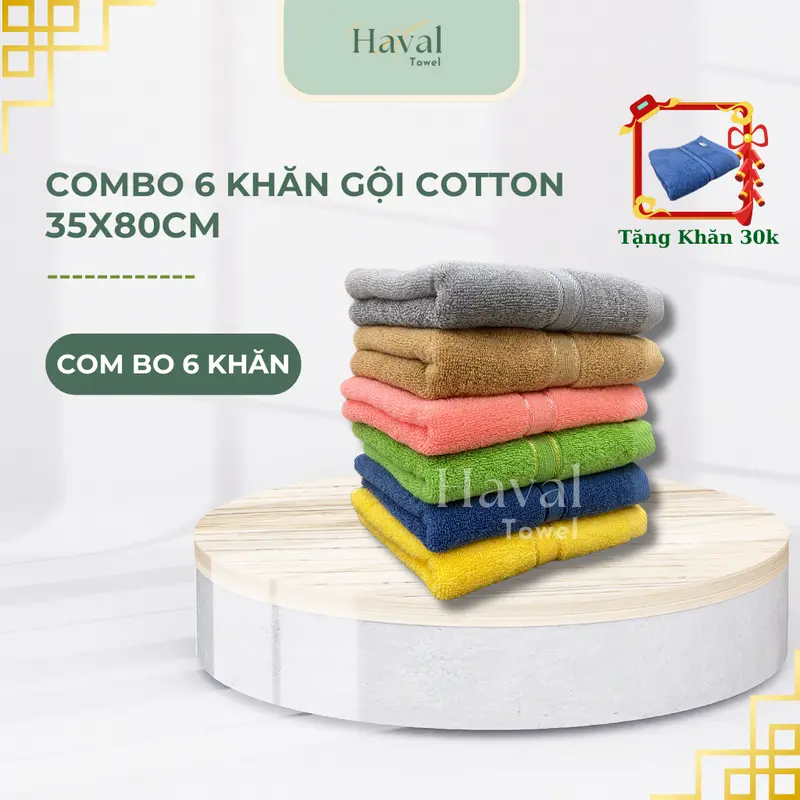 Bộ 6 Khăn Gội Đầu Cotton Haval Kích Thước 35x80cm, Lau Tóc, Tập Gym Mềm Mịn và Thấm Hút, Không Ra Màu Dùng Làm Khăn Tắm Gội Trong Nhà Tắm, Phòng Gym, Yoga 0