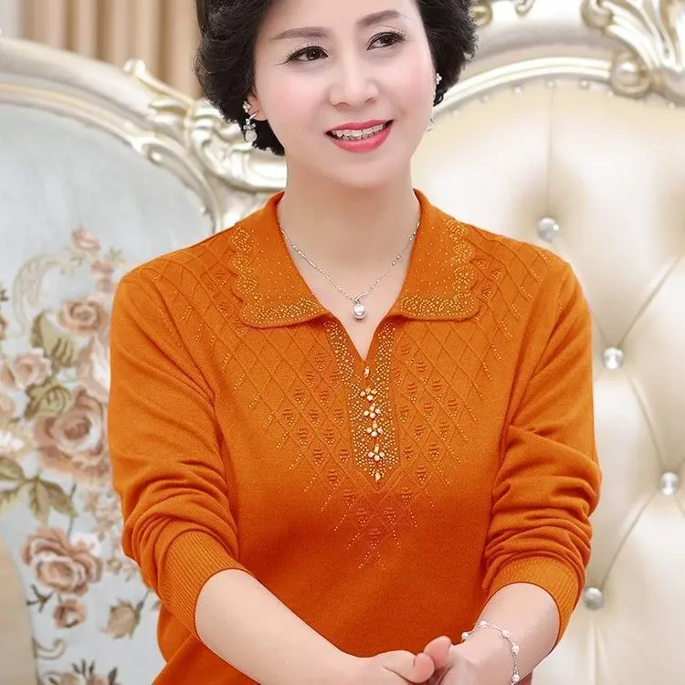 Áo Len Dài Tay, Dáng Rộng Vừa Vặn, Ve Áo, Cơ Sở, Dành Cho Quần Áo Nữ Mùa Xuân Và Mùa Thu Mới, Màu Trơn Dệt Kim, Thích Hợp Cho Mẹ TRUNG NIÊN, Áo Trên 7
