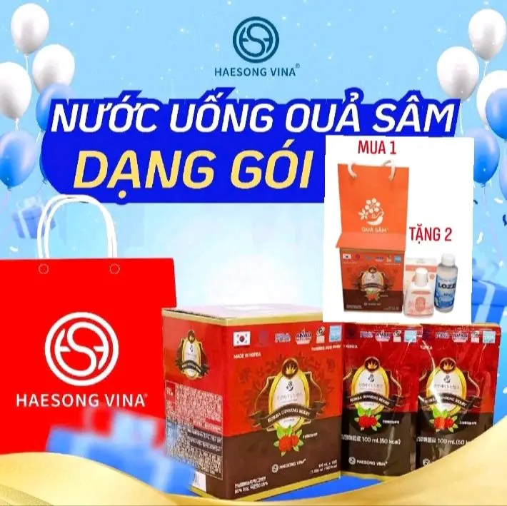 (Mua 1 Tặng 2 ) Nước uống Quả Sâm Hàn Quốc HAESONG VINA (dạng gói) - Chiết xuất từ Quả nhân Sâm và táo đỏ Hàn Quốc, 10 gói/hộp (Mua 1hộp Nước uống Quả sâm gói tặng 1chai Nước GIẶT XẢ lozzi 200g và 1chai dung dịch vệ sinh Nanotech )
