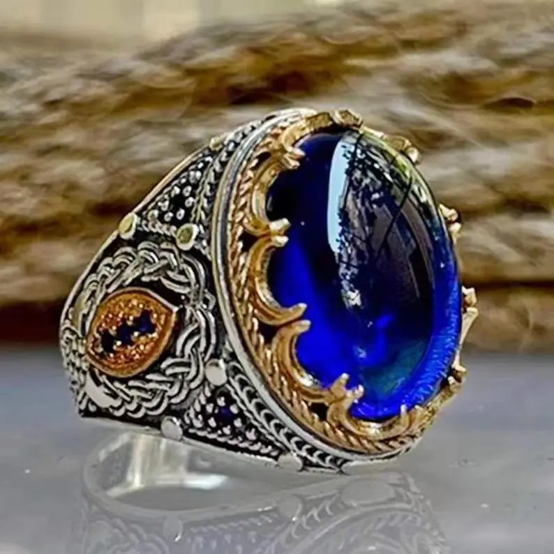 Nhẫn sang trọng dành cho nam giới, nghệ nhân, khảm, kim cương giả, sapphire, Xanh Biển chạm khắc, Vintage, nâng cao