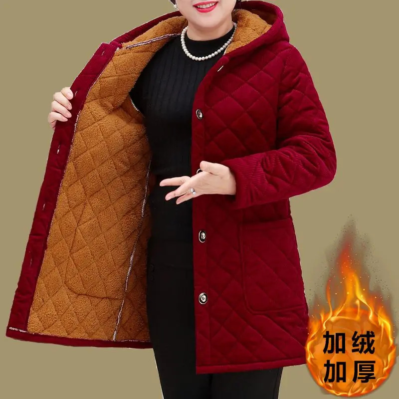 Quần Áo Độn Bông, Dành Cho Phụ Nữ Trung Người Già Và Cao Tuổi, Mùa Thu Và Mùa Đông, Áo Khoác Đệm Nhung Có Mũ Trùm Đầu Dài Trung Bình Cho Mẹ, Áo Khoác Dày, Quần Áo Nữ Trung Người Già, Quần Áo Mùa Đông, Quần Áo Cotton Ngoại Cỡ, Áo Sơ Mi Không Tay