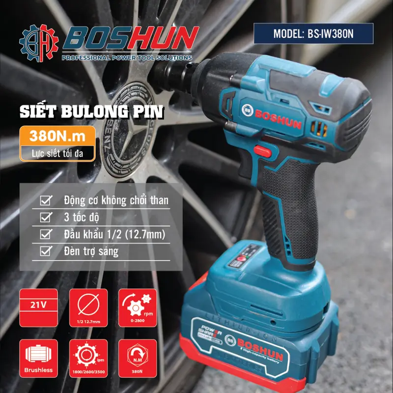 Máy Siết Bulong BOSHUN BS-IW380N Đầu 2 trong 1, Điều tốc 3 cấp, Chế Độ Auto Stop, Lực siết 380N Bảo Hành Chính Hãng 4