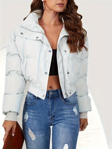 Women's Solid Button Front Zip Up Crop Winter Coat, Casual Drop Shoulder Long Sleeve Outerwear for Fall & Winter, Ladies Clothes for Daily Wear