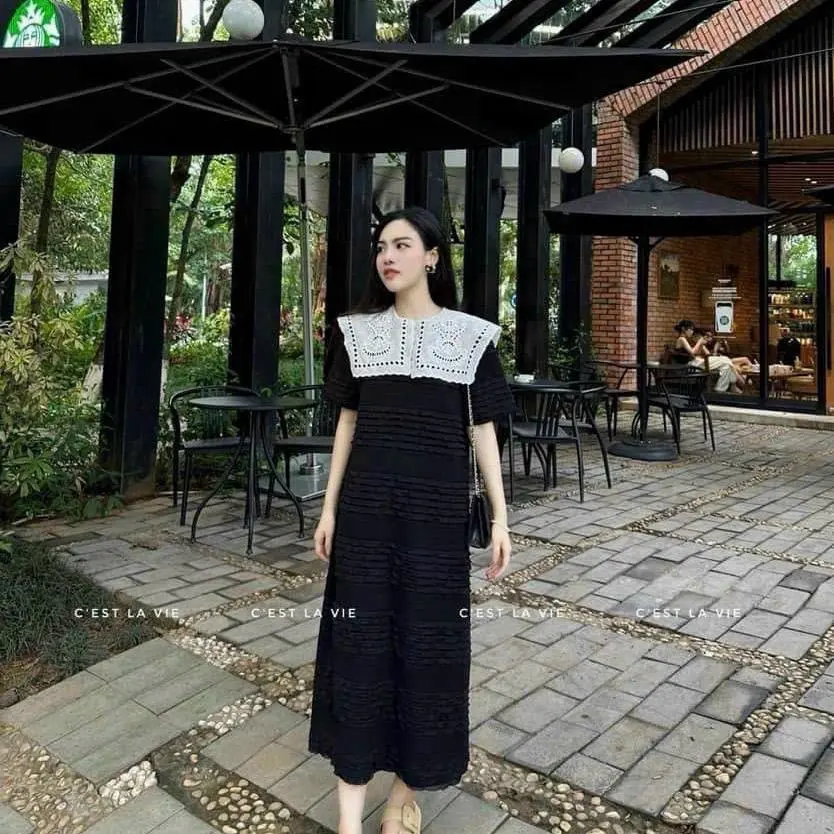 Váy Bầu Cộc Tay Phối Cổ Ren Thêu.(V11). Váy  2 Lớp ,Dáng Suông Ôm . Có 3 màu, đủ size từ 40-75(kg).,váy mặc bầu và sau sinh