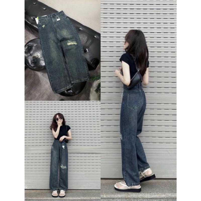 Quần jean Nữ lưng cao ống suông phối rách dễ phối đồ