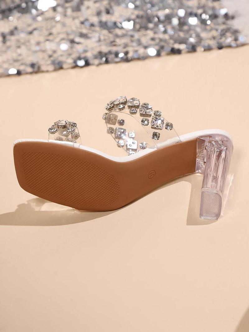 Product Introduction of Fashionable Rhinestone Decorated High Heel Sandals, Elegant Square Toe Sandals for Party, Daily Clothing Decor, Summer Barefoot Shoes for Women & Girls, Footwear 6
