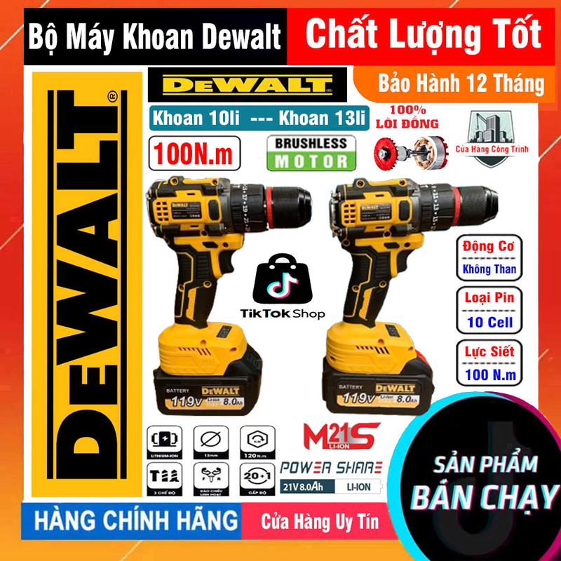 Máy Khoan Pin Dewalt 100N.m Pin 10 Cell 119V KHÔNG CHỔI THAN 10mm - 13mm Khoan Tường khoan búa bắn vít mạnh mẽ bảo hành 12 tháng