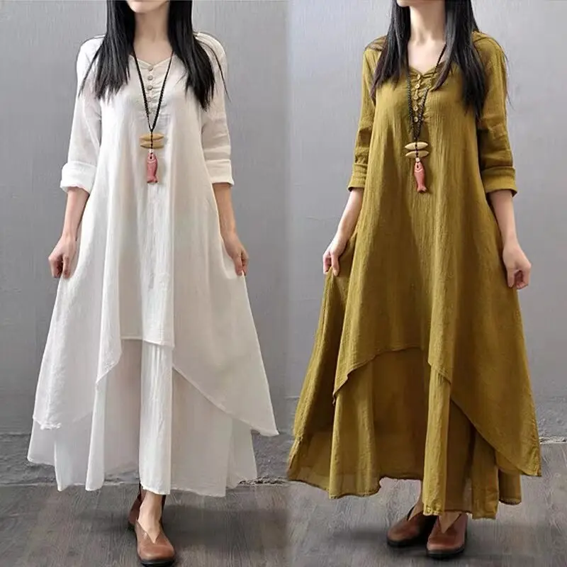 Margot - gaun linen panjang untuk wanita, longgar, lengan panjang, lurus, lembut, keselesaan yang bagus, 011800