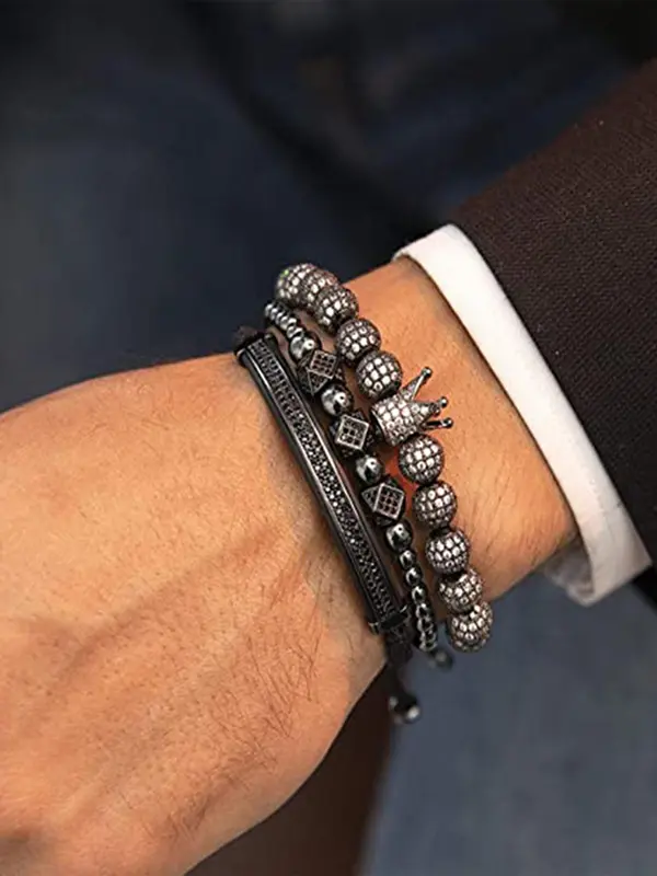 Rhinestone Crown & Beaded Braided Bracelet, Men Accessories, 3pcs Fashion Jewelry for Party, Daily Decor, Trendy All-match & Exquisite Jewellery for Birthday Gift 8