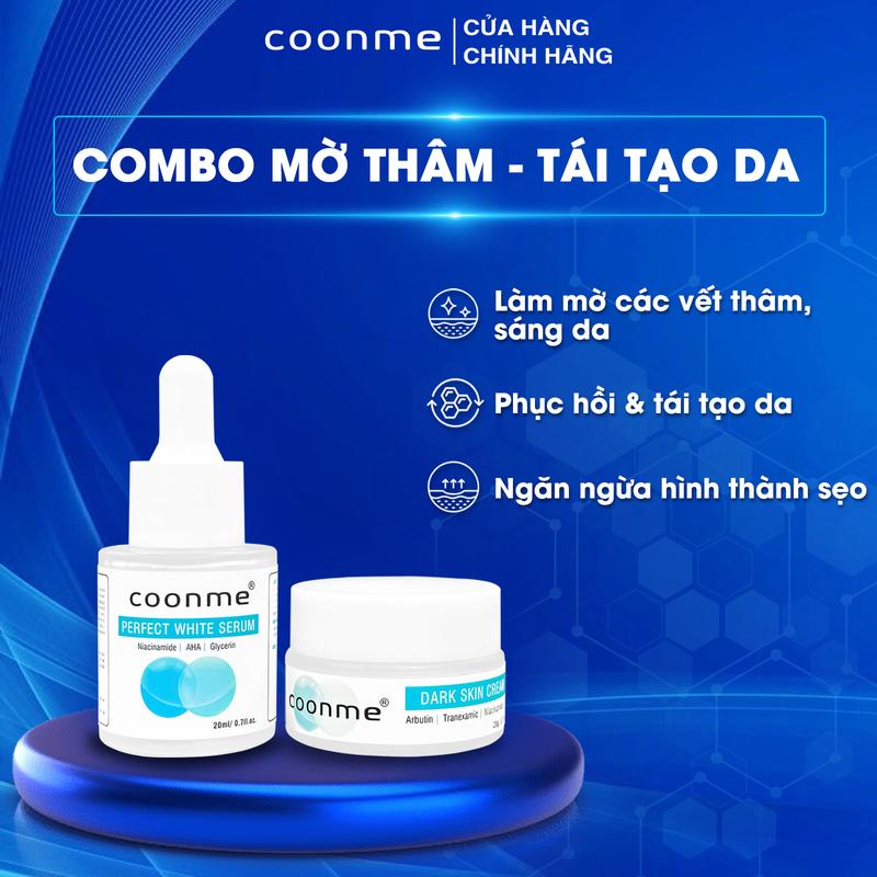 COONME combo mờ thâm gồm SERUM (Perfect white serum) 20ml + Kem ( Dark skin cream) 20g hỗ trợ mờ thâm thâm đỏ, thâm đen, thâm do mụn dưỡng sáng da Skincare