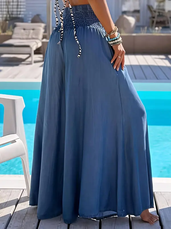 Women's Plain Shirred Wide Leg Pants, Loose Fit Boho Casual High Waist Trousers for Beach Vacation Holiday, Fashion Ladies Summer Clothes, Womenswear, Baggy Legged Pants 8