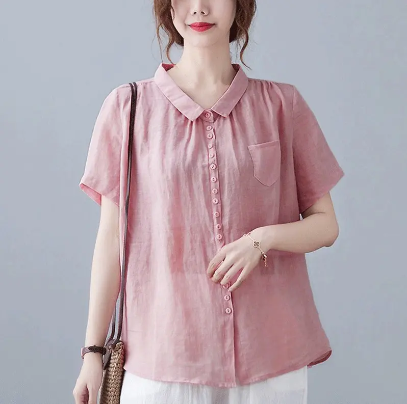 Áo Sơ Mi Cộc Tay Form Rộng Chất Liệu Đũi Tơ Mềm Nhẹ Thoáng Mát SP10  thanh lịch Nữ Top sơ  minu Shirt 4