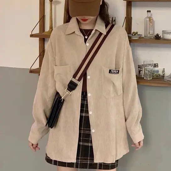 Áo khoác sơ mi nhung gân tăm unisex form rộng LOGO TÚI nam nữ