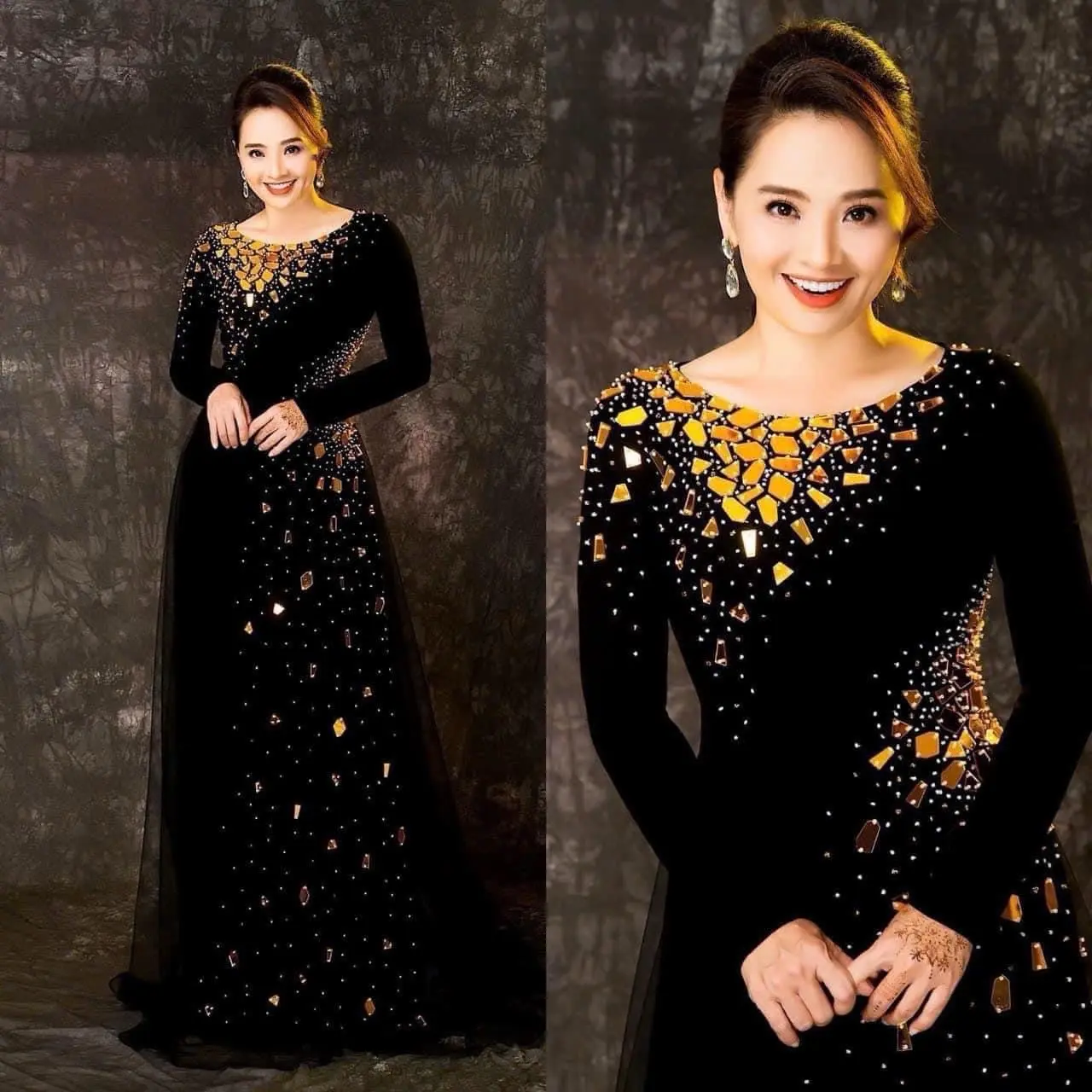 Áo dài mẹ Nhung cao cấp , co dãn , chất nhung loại 1 , from dáng chuẩn đình kết đá tráng gương xinh cực kì luôn ạ ️️️( áo + quần )