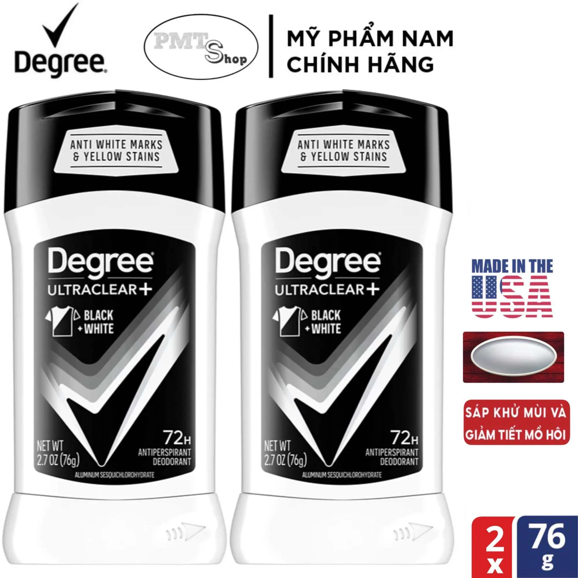 (NĐ Mỹ) Combo 2 Lăn sáp khử mùi nam Degree Men Ultraclear Black & White 76g x 2 chai Made in USA