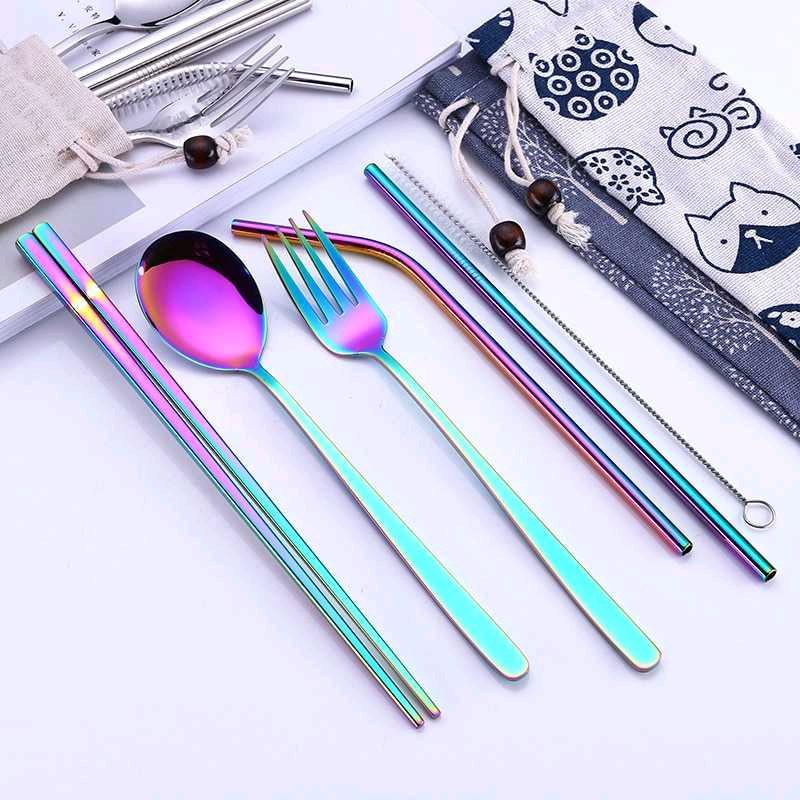 Set Alat Makan Sendok Garpu Sedotan Sumpit Stainless dengan Kantong 6Pcs TaffHOME - T10 Cutlery Unik Estetik Outdoor 1