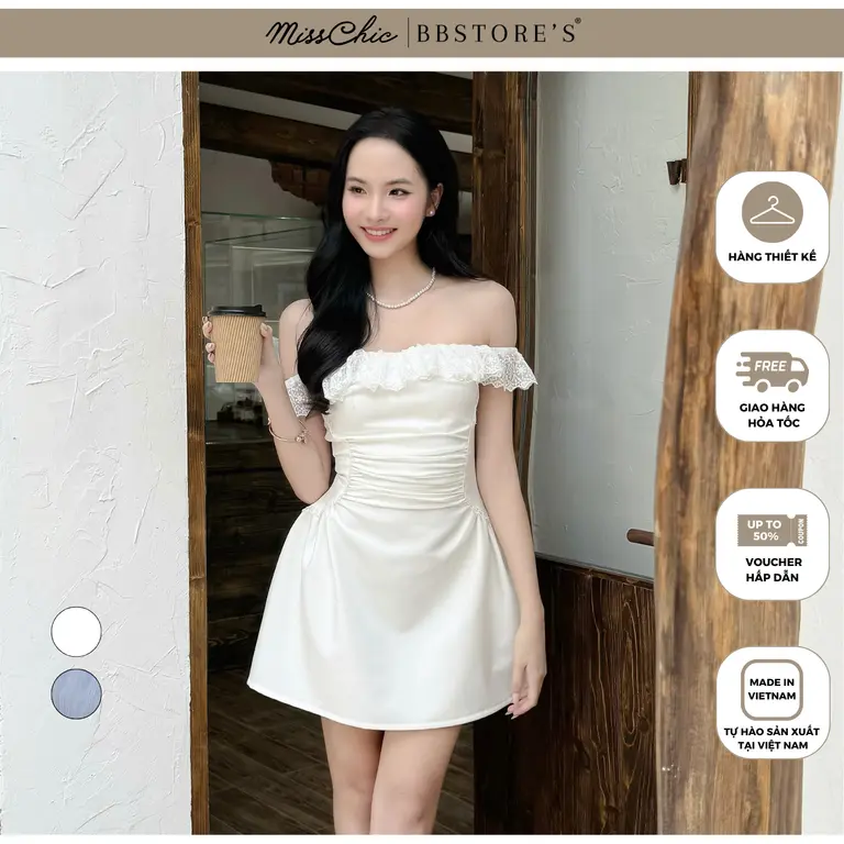 Đầm Ngắn Trễ Vai Phối Ren Nhún Eo Phom Xòe MissChic x BBSTORE'S - D4275B