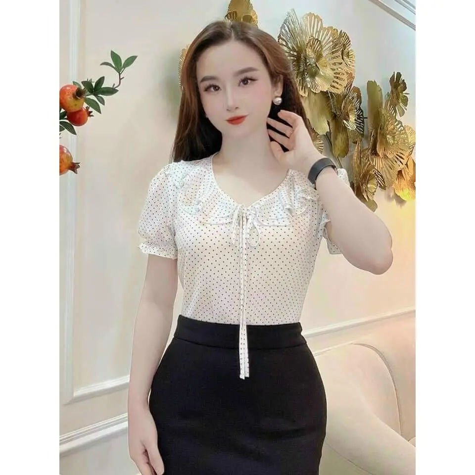 Áo Nữ Tay Ngắn Nơ Công Sở Cổ Tròn Sơ Mi