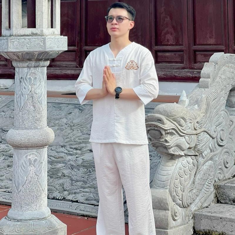 Pháp phục đi chùa lụa đũi thêu sen dành cho nam từ 55-85kg - pháp phục Hà Anh  Áo Quần