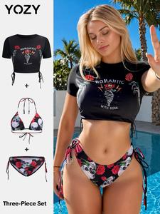 YOZY Three-Piece Set Women's Rose & Skull Print Bikini Set, Fashion Chic Swim Top & Swim Bottom & Cover Up Top for Beach Holiday Vacation, Ladies Swimwear for All Seasons