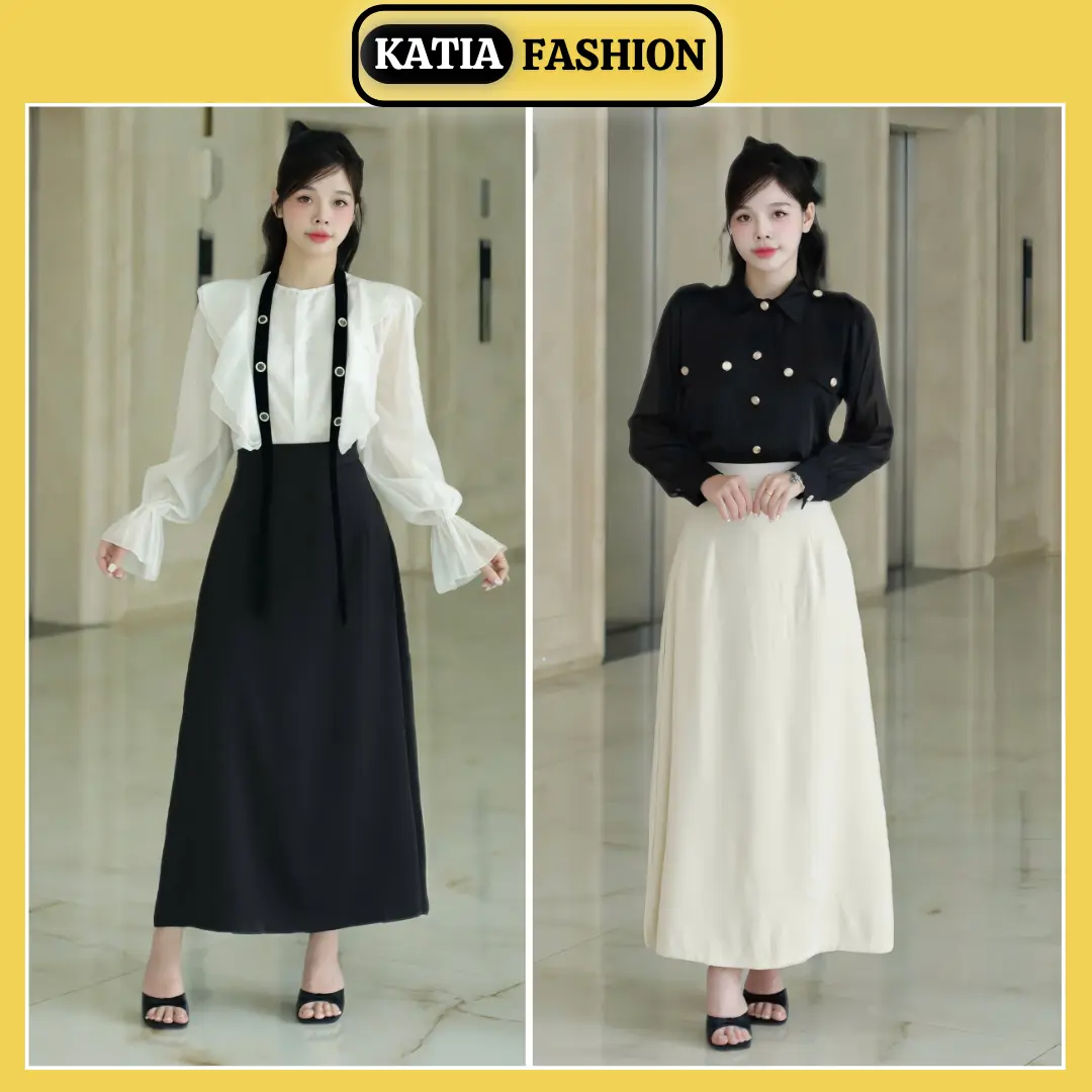 Chân váy chữ A dáng dài phong cách Hàn Quốc, váy xuông chất vải chéo hàn thoải mái Nữ Women Kem Màu Đen chân  váy