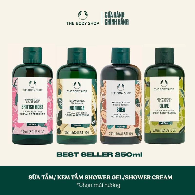 (HẠN SỬ DỤNG: 09/2026) The Body Shop BESTSELLER Sữa tắm Shower Gel/ Cream 250ml Chọn mùi hương: Moringa / Olive / Shea / British Rose Dưỡng Da Body Women