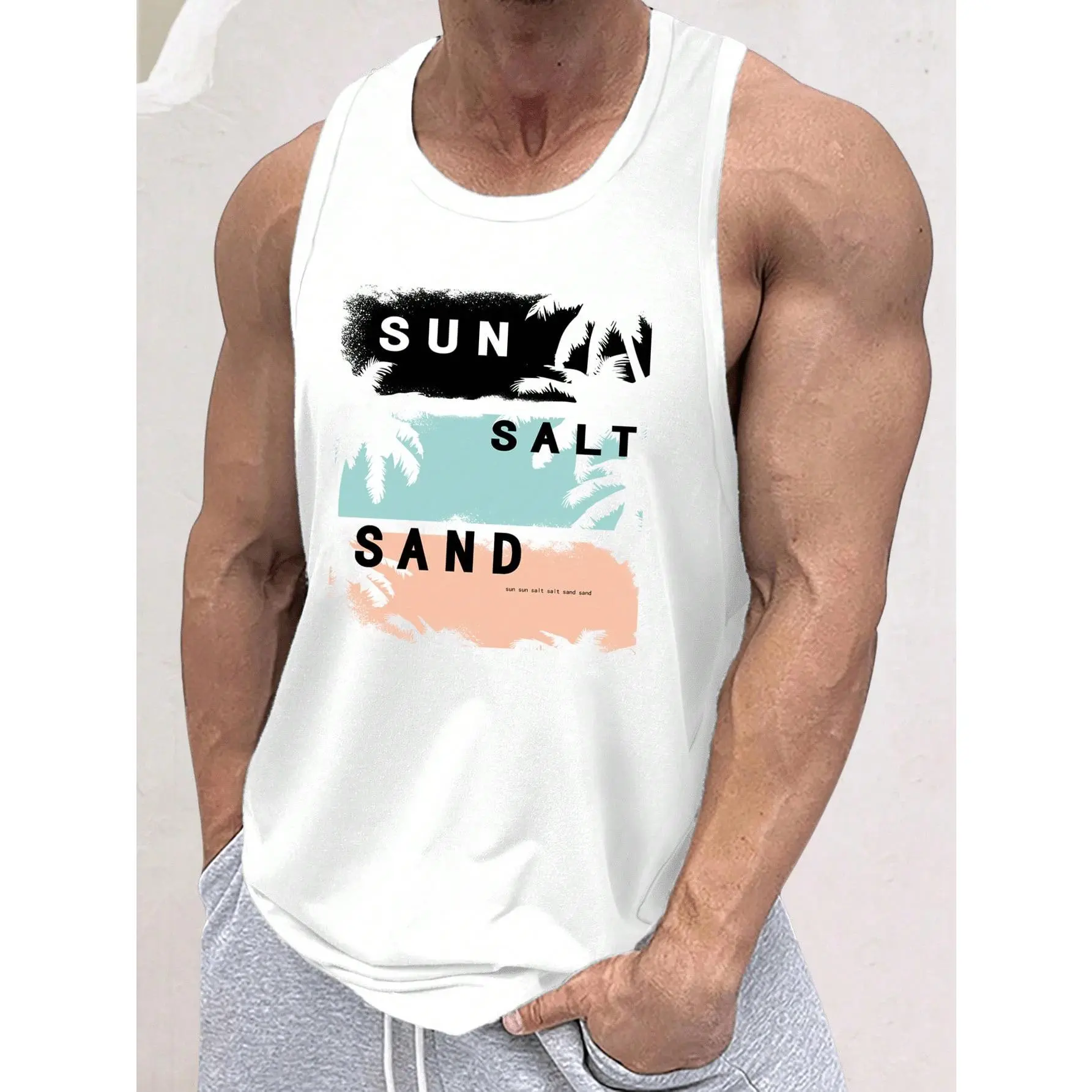 Manfinity Chillmode Men's Lightweight Knitted Surfing Pattern Beach Wear, Summer Hawaiian Palm Tree and Letter Print, White, Standard Size