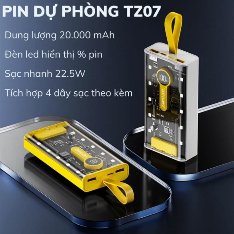 Sạc Dự Phòng TZ07 dung lượng 20000mah Chính hãng , Tích Hợp 4 Dây Sạc, Sạc Không Nóng Máy TECHZONE Fast Charging Wireless Charging USB Type-C USB 3.0 Micro USB Type C