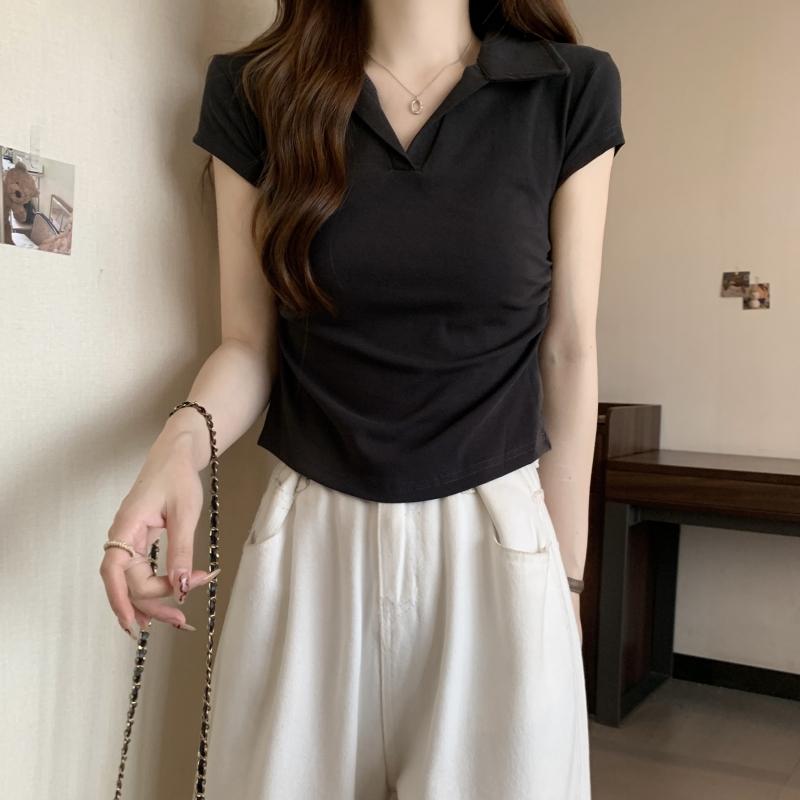 Product Introduction of 106 # Real Shot Real Price 40s Pure Cotton 210g (92% Cotton/8% Spandex) Polo Collar Waist-Cinching Short Sleeve T-Shirt for Women Top Womenswear 12