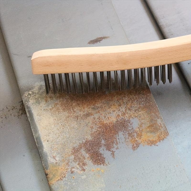 Product Introduction of Wooden Handle Wire Brush, Stainless Steel Wire Scrub Brush for Cleaning Rust, 14" Curved Beechwood Handle Wire Brush for Car, Home, Office 5